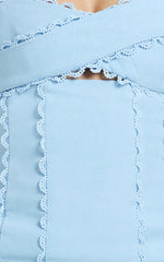 Gigi Mini Linen Blend Dress Sweetheart Tie Back Scallop Detail Dress in Blue