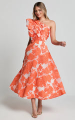 Alfreda Midi Dress One Shoulder Ruffle Detail Brailey Jacquard Dress in Orange