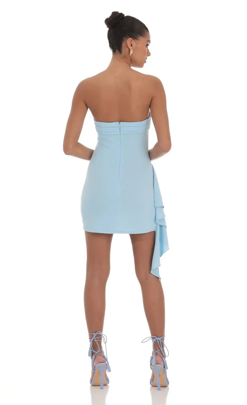 strapless ruched tassel dress in Blue – Bella Satin Mini Neckline Universal Standard Halie T-Shirt inv-97 Color:WHITE & BLACK